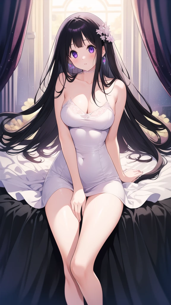 Stunning Chitanda, There is only one beautiful girl,purple eyes, black hair, Naturally straight hair, straight bangs,extremely refined,lips open,flowing long hair,Peerless beautiful girl, dreamlike,Slim,soft, (Sensual), (kawaii), Dream quality,Dark dress,bare shoulders,Clavicle exposed,bare neck,Bare thighs,Exposing the groin,camel toe,bare legs,barefoot,extremely shy,ultra high resolution, (masterpiece:1.2, best quality), (Exquisite and beautiful eyes: 1.2), (Beautiful and delicate face)