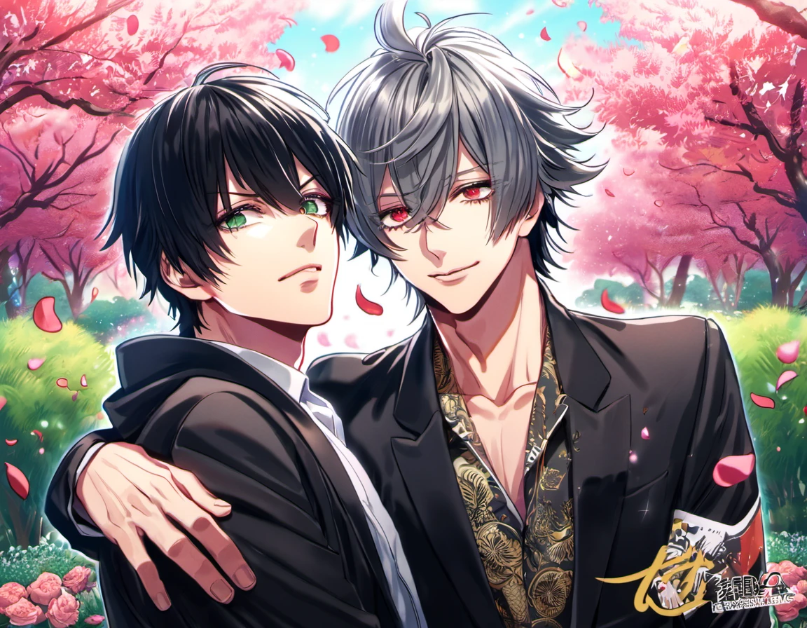 absurdres, highres, ultra detailed, HDR, master piece, best quality, Samatoki Aohitsugi, white messy hair, expressive red eyes, long eyelashes, Hypnosis Mic, Yamada Ichiro, messy black hair, expressive green eyes, 2men together, gay couple, handsome, black clothes, garden, petals