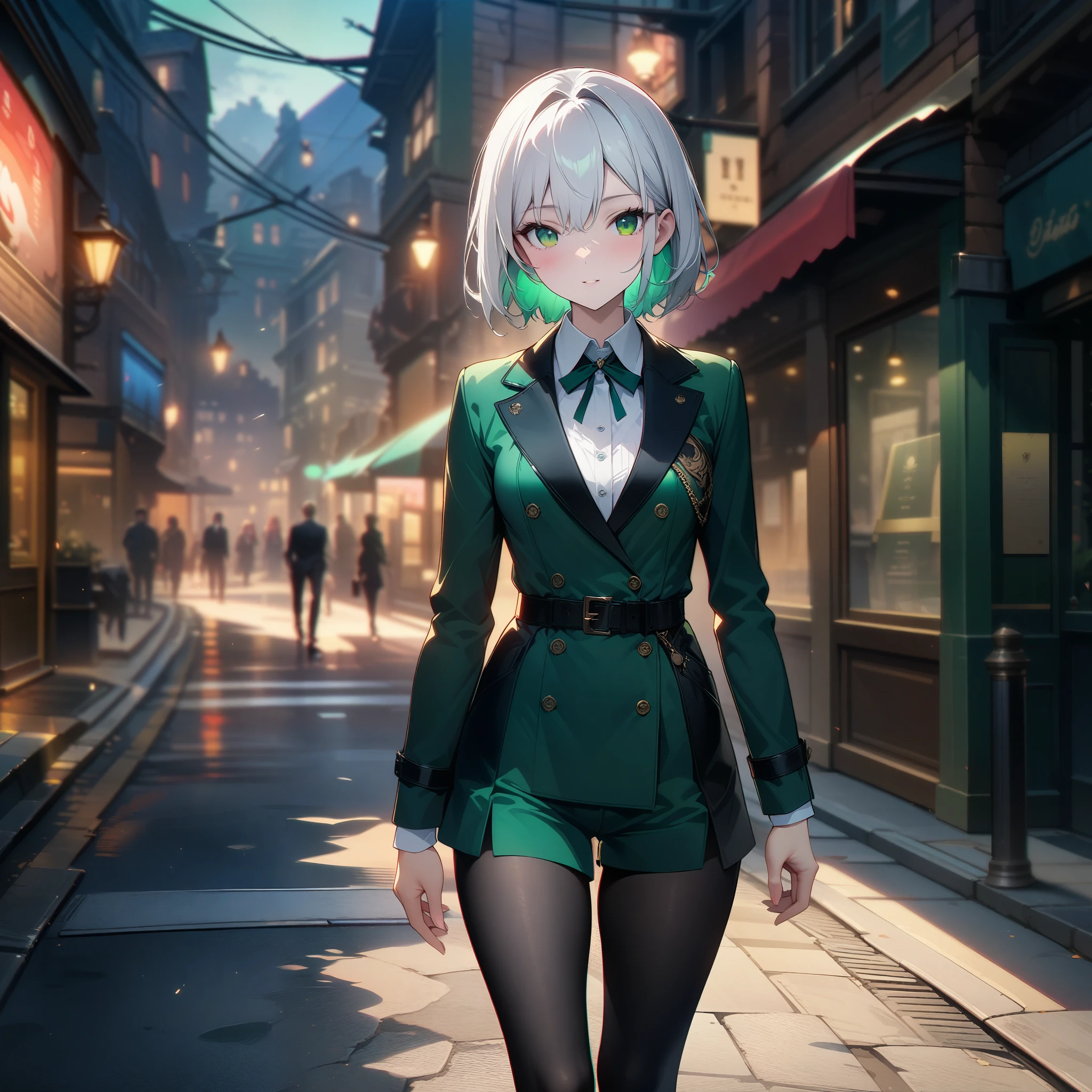 ((masterpiece, best quality, ultra-detailed, an extremely delicate and beautiful)), ((extremely detailed CG unity 8k wallpaper)), ((award winning, ccurate, UHD, textured skin, chromatic aberration, perfect anatomy, Fujicolor)), (concept art), ung lady walking on the street at evening, (small breasts, slender body), ((long staight white hair, emerald green eyes)), (wearing beige over trench coat, wearing black tights, wearing black suit), elegant behavior, cool beauty, (after work)