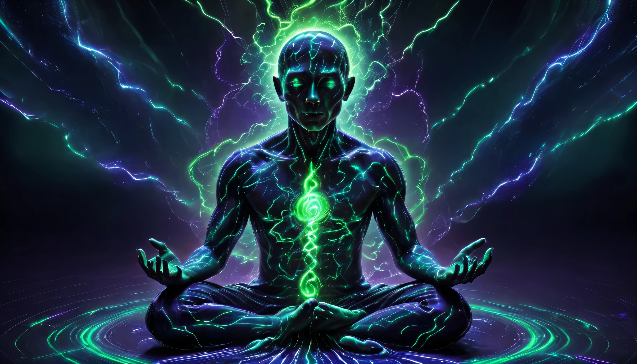 a green glowing cosmic entity sitting in a meditating position with lightnings in his open hands in front of a blue background with a abstract pattern of dark blue fractal lines and shapes, carbon material,3d model, glowing green colors, Android Jones, dmt, cyberpunk art, psychedelic art, Psychedelic, Visionary art, DMT, LSD, DonMV01dfm4g1c3XL, magical, whimsical , fairytale, fantasy Surreal Harmony