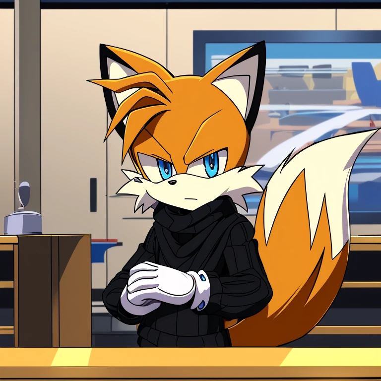 Male, Mobian, Fox, Miles Tails Prower the Fox, \(sonic, series\), fox boy, ((solo)), ((blue eyes, (eyes open), serious, young adult, wearing a red anime styled scarf, wearing a black sweater, white gloves, (((2D Anime Style))), in tailor shop, any pose