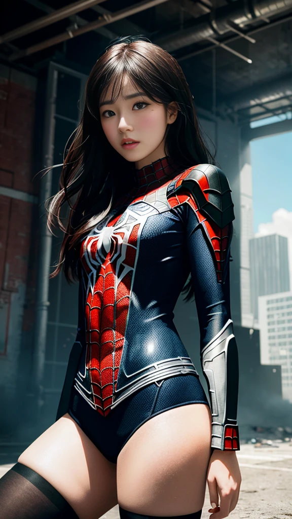 (1 girl:1.3), alone, (((extremely detailed face))),(((Extremely detailed eyes and face))),fair detailed eyes,body parts__, official art, unified 8k wallpaper, super detailed, fair and aesthetic, fair, masterpiece, best quality, raw, masterpiece, Super detailed photos, best quality, ultra high resolution, photorealism, Sunlight, full body portrait, amazing beauty,, dynamic poses, delicate face, vibrant eyes, (from the front), She's wearing a Spider-Man suit, red and black color scheme, , Very detailed abandoned warehouse background, Detailed face, Detailed complex busy background, messy, Gorgeous, milky, highly refined skin, Realistic skin details, Visible pores, sharp focus, volumetric fog, 8K Ultra HD, DSLR camera, high quality, film grain, White skin, photorealism, Photography, Dystopian metropolis of the future, view from below, translucent