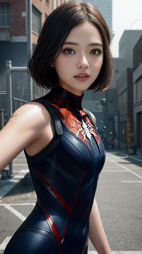 (1 girl:1.3), alone, (((extremely detailed face))),(((Extremely detailed eyes and face))),fair detailed eyes,body parts__, official art, unified 8k wallpaper, super detailed, fair and aesthetic, fair, masterpiece, best quality, raw, masterpiece, Super detailed photos, best quality, ultra high resolution, photorealism, Sunlight, full body portrait, amazing beauty,, dynamic poses, delicate face, vibrant eyes, (from the front), She&#39;s wearing a Spider-Man suit, red and black color scheme, , Very detailed abandoned warehouse background, Detailed face, Detailed complex busy background, messy, Gorgeous, milky, highly refined skin, Realistic skin details, Visible pores, sharp focus, volumetric fog, 8K Ultra HD, DSLR camera, high quality, film grain, White skin, photorealism, Photography, Dystopian metropolis of the future, view from below, translucent