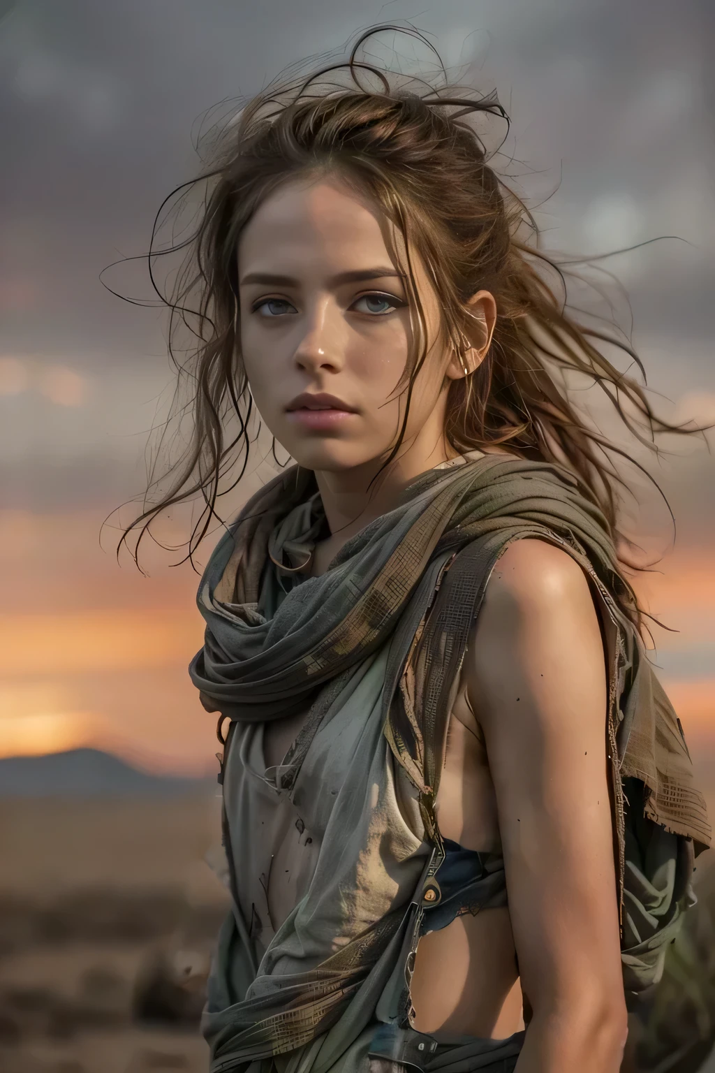 PLEASE fix image, Masterpiece, Aesthetic artwork, (textured skin, skin pores:1.1), nsfw, half body shot, topless, transitioning to a desert landscape at sunset, a lone figure walking, a beautiful 11 years old young Irish tween girl emerges, freckles on face, very pale skin, she is topless, wearing beautiful post apocalyptic nomadic clothes, very pale skin, light ginger hair, blue-grey eyes, freckles on face, skinny runners body, very small breasts, perfect hard nipples, very small ass, very detailed face, ultra realistic face, very beautiful thin face, clean face, exhausted face, young looking, very young, juvenile face, post-apocalyptic clothing. Layers of tattered fabric, unconventional accessories, and a weathered look create an aura of survival and resilience, 16K, ultra high res.photorealistic, UHD, RAW, DSLR