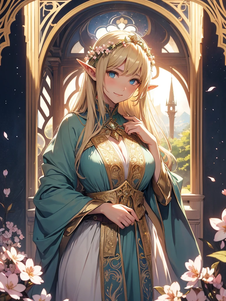 Beautiful elf beauty Beautiful eyes、Gentle atmosphere、beautiful dress、cowboy shot,a lot of cherry blossom、fantasy、sexy、happy、friendly smile、spectacular scenery、fantasy、magic light、mysterious light、Fairy Light、rembrandt light、magical gentle light 、starrynight,universe、blonde、big breasts、bust 90、Elven Forest、Beautiful decoration、art nouveau、Alphonse.Mucha、byzantine、Lord of the Ring、renaissance、falling petals、ART、UHD、highest quality、masterpiece、masterpiece、