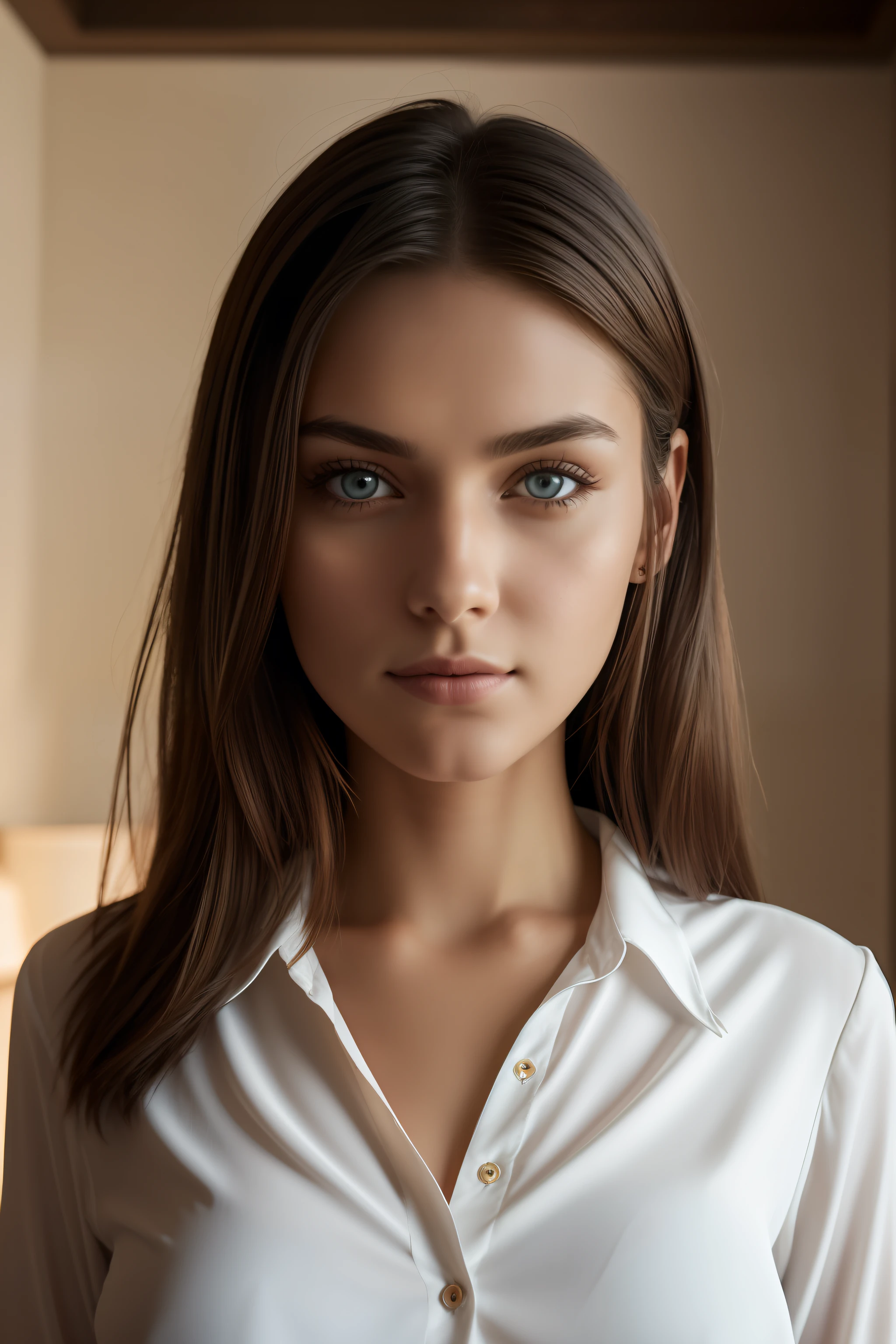 Natural photography of a beautiful girl, wearing a white blouse, whistful hair, big bust, in a bedroom, locks eyes into the camera, symmetrical eyes, symmetrical face, photorealistic, photography, path tracing, specular lighting, volumetric face light, path traced hair, visible shadows, intricate, elaborate