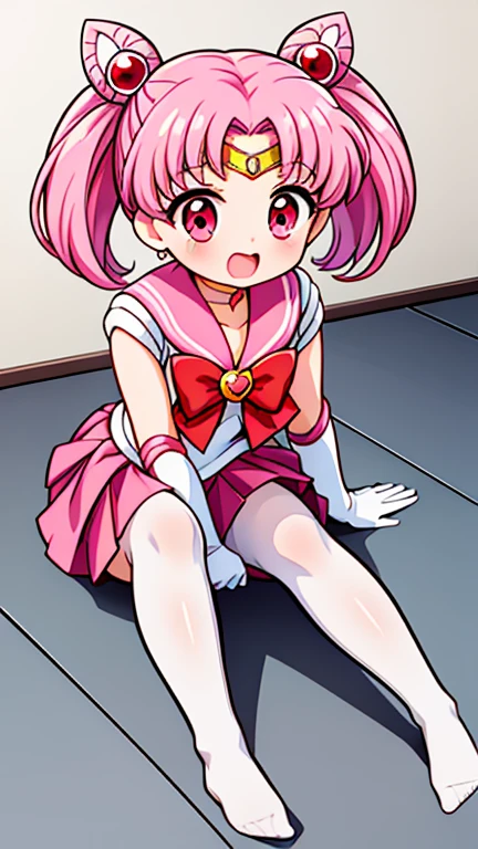sailor moon，childhood，Young，Seven years old，Cute little loli，Pink hair twintails，red eyes，short hair，Sailor suit，bow tie，White elbow gloves，red skirt，sitting，no shoes，Open your mouth，laughing out loud，white pantyhose