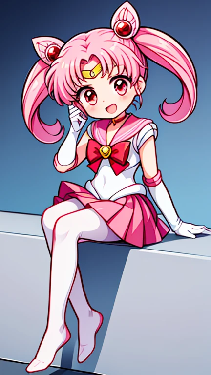 sailor moon,childhood,Young,Seven years old,Cute little loli,Pink hair twintails,red eyes,short hair,Sailor suit,bow tie,White elbow gloves,red skirt,sitting,no shoes,Open your mouth,laughing out loud,white pantyhose