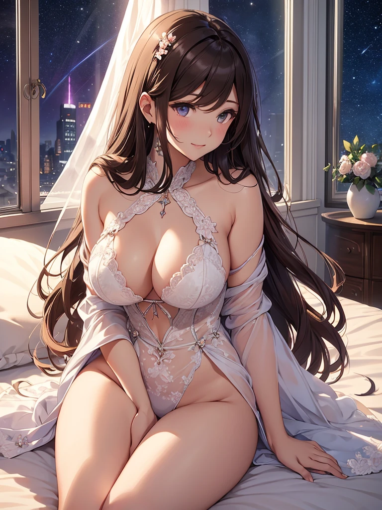 Beautiful beauty(lie on bed) Femme fatale、Fujiko Mine、elegant(M-shaped spread legs)low angle、Beautiful eyes、Gentle atmosphere、beautiful underwear、front、low angle、a lot of cherry blossom、brown hair、sexy、Sweat、Arms up and behind、friendly smile、hotel room、fantastic light、magic light、mysterious light、rembrandt Light Magical Gentle Light 、starrynight,full body stockings、big breasts、bust 90、detailed groin、open your legs、beautiful city、window、starry sky、beautifulstarrynightnight view、Beautiful decoration、art nouveau、Alphonse..Mucha、falling petals、ART、UHD、highest quality、masterpiece、SHARP、