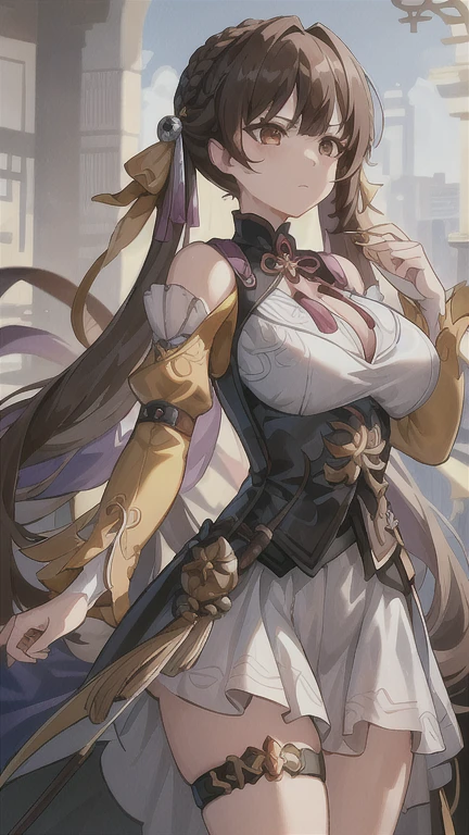 masterpiece, best quality, SushangV4, 1girl, solo, long hair, breasts, large breasts, hair ornament, long sleeves, dress, holding, cleavage, bare shoulders, closed mouth, weapon, braid, chinese clothes,
