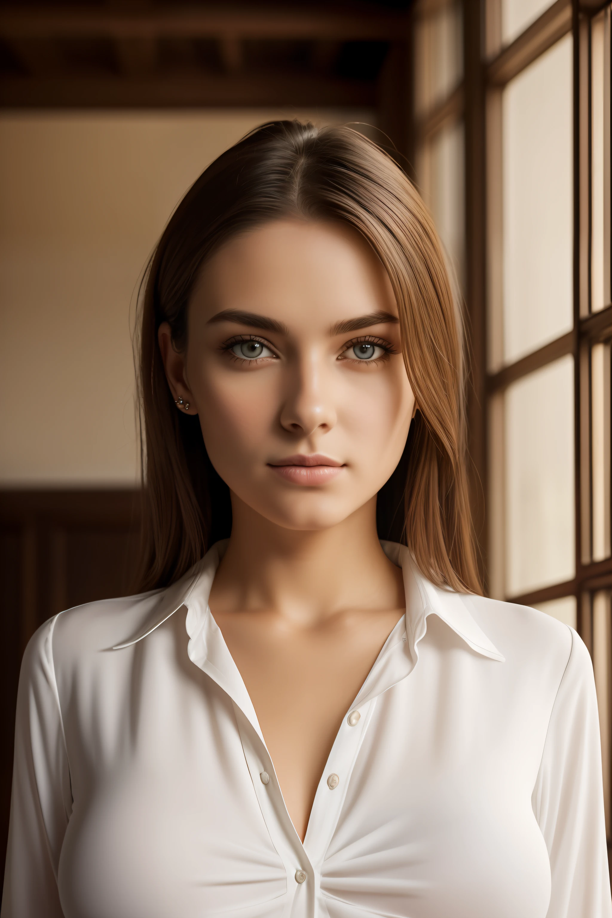 Natural fotografia of a beautiful girl, Vestindo uma blusa branca, cabelo assobiado, Grande Busto, em um quarto, lock your eyes on the camera, symmetrical eyes, symmetrical face, Fotorrealista, fotografia, rastreamento de caminho, specular lighting, volumetric face light, hair traced along the way, visible shadows, intrincado, Elaborar