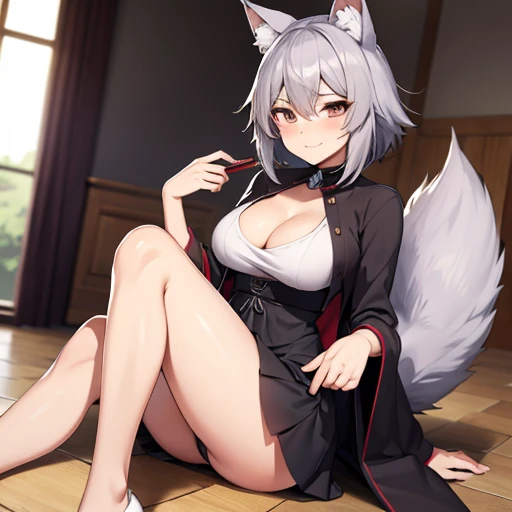 Adult only girl,wolf doggo anime girl,animal ears,fluffy wolf ears,brown dark intense hair,short middle hair,bronw dark eyes,cat line iris,evil smile mout with one side fang,large breast,,long dress,large priest,animal tail,fluffy wolf tail dress,gray priest dress,thigs,legs out of screen, view the viewer, inugami korone reference