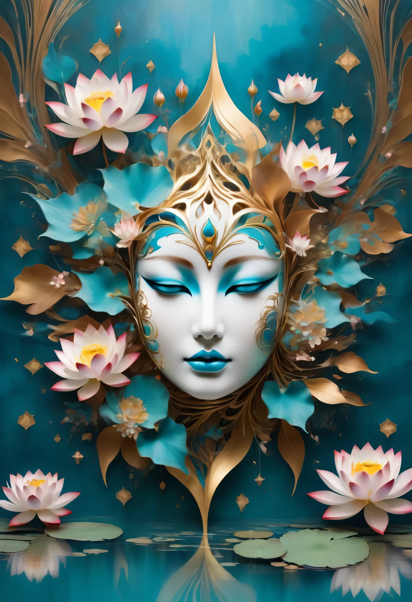 Imagine a tranquil scene inspired by Buddhist philosophy,A vibrant lotus flower stands against a background of intense turquoise tones。Lotus symbolizes purity and enlightenment,Complex petals bloom,exudes a sense of tranquility。As you gaze deeper into the image,You will notice an arrangement similar to a mandala,The constellations are arranged elegantly。Fusion of Buddhist Symbolism and Astrological Elements,conformity,Induce contemplation and a timeless sense of connection。(The sculpture is surrealist and realist: 1.5), (gold,Blue and white porcelain mask), (metal wings: 1.2), (Fox futuristic mask: 1.2), (Internet pop kawaii fractal art: 1.6), (Tobias Gramler (Tobias Gramller) artistic style,Smooth shape: 1.6), (Organic geometric mixture: 1.6),ultra high resolution: 1.4),(particle effects: 1.4), (depth of field: 1.4), (geometric point abstraction: 1.6), (generative fluid fractal algorithm: 1.6).