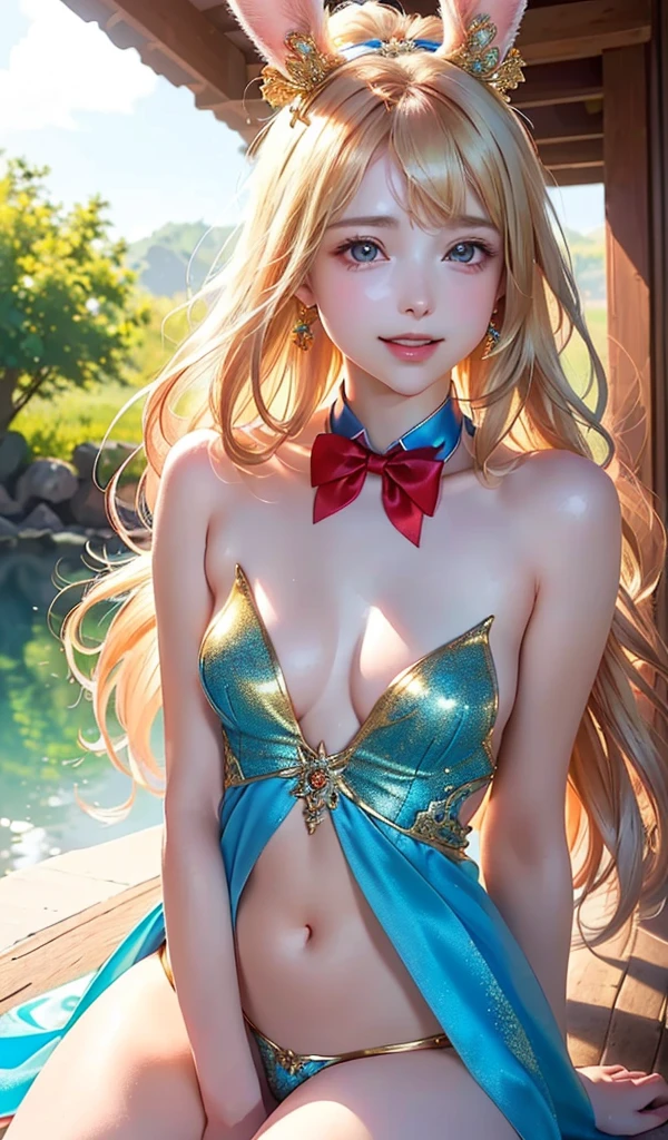 masterpiece, best quality, extremely detailed CG unity 8k wallpaper, (Upper Body head close-up shot of a beautiful girl), , Elegant Long straight blonde hair, (Mckenna Grace), (flat chest,thighs), (red-blue) golden (Glittering tutu,long Bunny Ear Headgear, , Bow-tie, No panties, genitals visible), (spread legs), (Blush), oil skin, (seductive smile), (Wonderland), pretty face, key art, award winning, intricate detail realism hdr, by (ruan jia and artgerm and range murata), Photorealism, Hyperrealism, ultra realistic, dramatic light, intense shadows, gorgeous view, depth of field