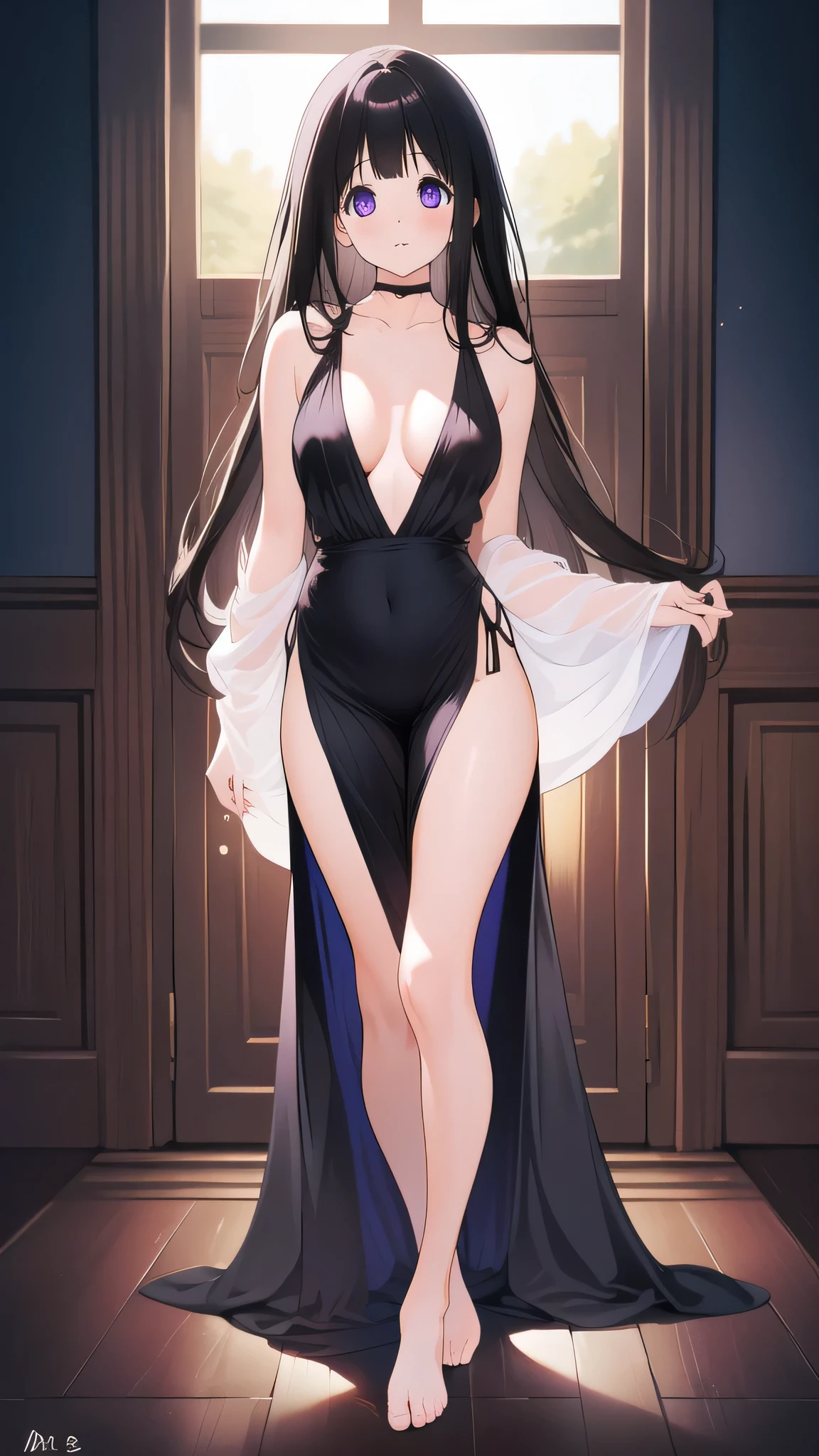 Stunning Chitanda, There is only one beautiful girl,purple eyes, black hair, Naturally straight hair, straight bangs,extremely refined,lips open,flowing long hair,Peerless beautiful girl, dreamlike,Slim,soft, (Sensual), (kawaii), Dream quality,Dark dress,bare shoulders,Clavicle exposed,bare neck,Bare thighs,Exposing the groin,camel toe,bare legs,barefoot,extremely shy,ultra high resolution, (masterpiece:1.2, best quality), (Exquisite and beautiful eyes: 1.2), (Beautiful and delicate face)