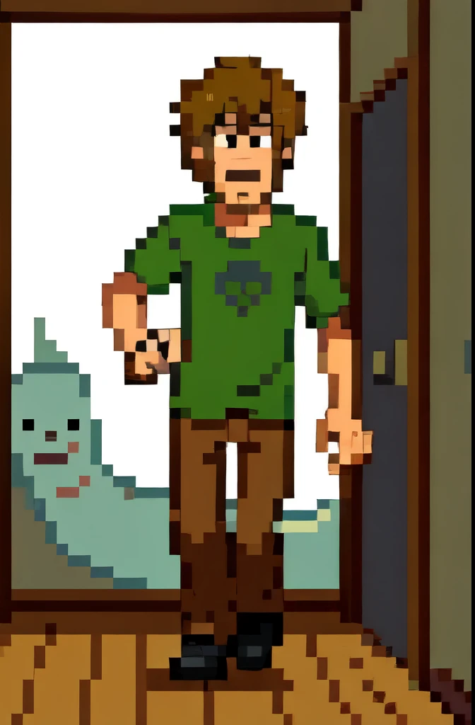 man, solo, afraid, screaming, running away from a cute ghost, Shaggy, green shirt, brown pants, black shoes, inside a haunted house, detailed background, 