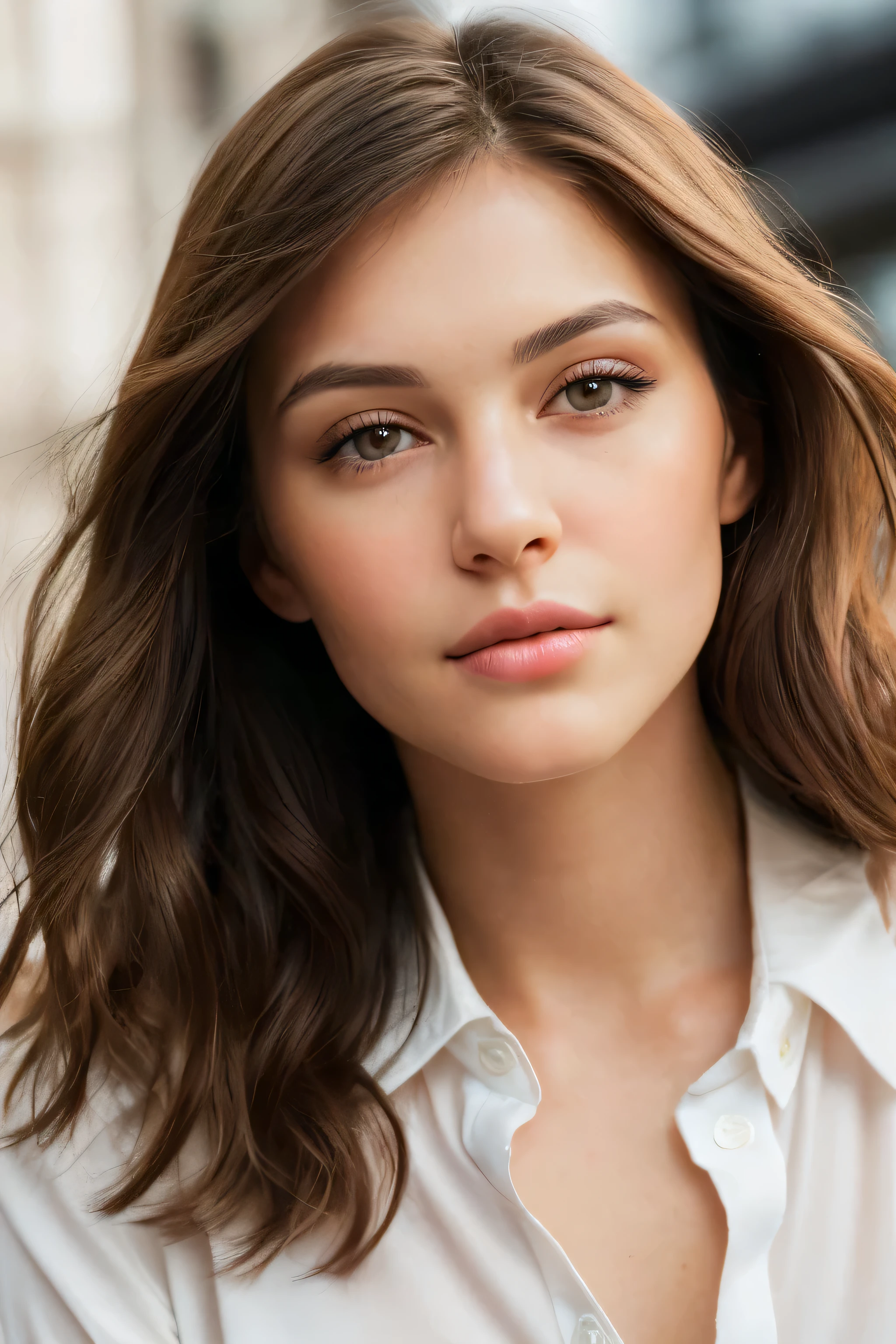 retrato de uma mulher morena, clear facial features, Cinematic, LENTE 50MM, f/1.4, Accent lighting, global illumination --uplight --v 4 face accessible with heat, Olhos convidativos, e longo, Well-styled dark brown hair that frames your face elegantly. labios grandes. pequenas manchas na pele