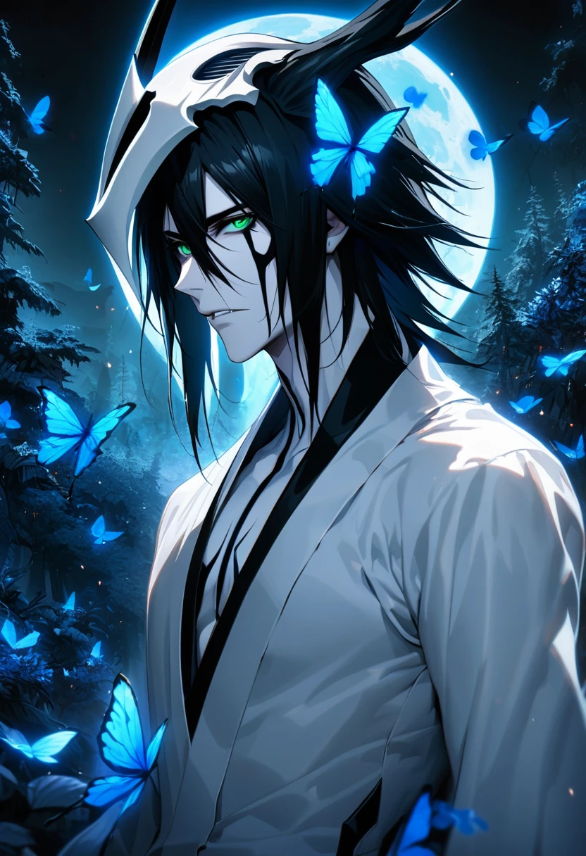 Ultra detailed, highres, absurdres, HDR, Ulquiorra cifer, black hair, green eyes, pale skin, arrancar white clothes, Bleach, handsome, 1 man only, blue flames, blue butterflies, blue forest, moon,