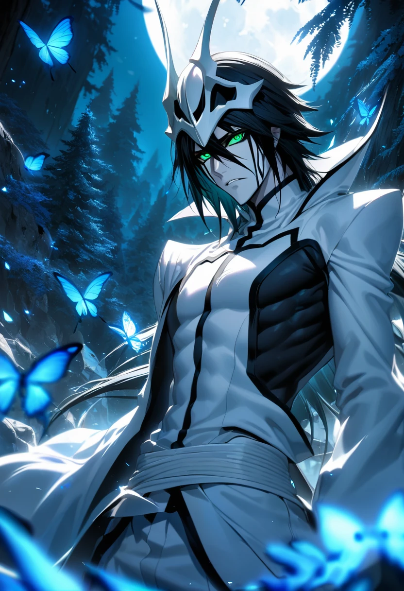 Ultra detailed, highres, absurdres, HDR, Ulquiorra cifer, black hair, green eyes, pale skin, arrancar white clothes, Bleach, handsome, 1 man only, blue flames, blue butterflies, blue forest, moon,