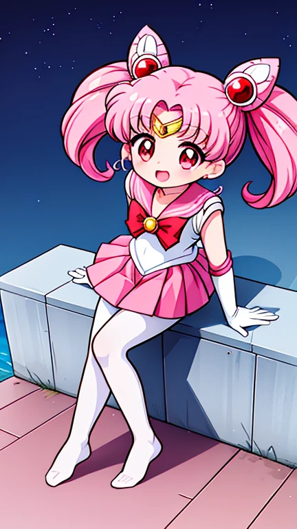 sailor moon，childhood，Young，Seven years old，Cute little ****，Pink hair twintails，red eyes，short hair，Sailor suit，bow tie，White elbow gloves，red skirt，sitting，no shoes，Open your mouth，laughing out loud，white pantyhose