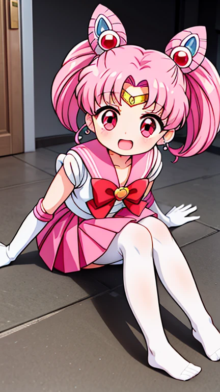 sailor moon，childhood，Young，Seven years old，Cute little loli，Pink hair twintails，red eyes，short hair，Sailor suit，bow tie，White elbow gloves，red skirt，sitting，no shoes，Open your mouth，laughing out loud，white pantyhose