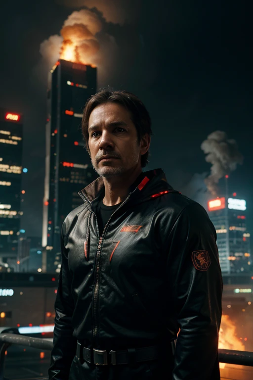 close-up photo, man 45 years old, strong, athletic, background scene of cyberpunk city on fire, reflection of fire on the clothes, futuristic beagle dog on the side, superhero outfit, flowing cape.
