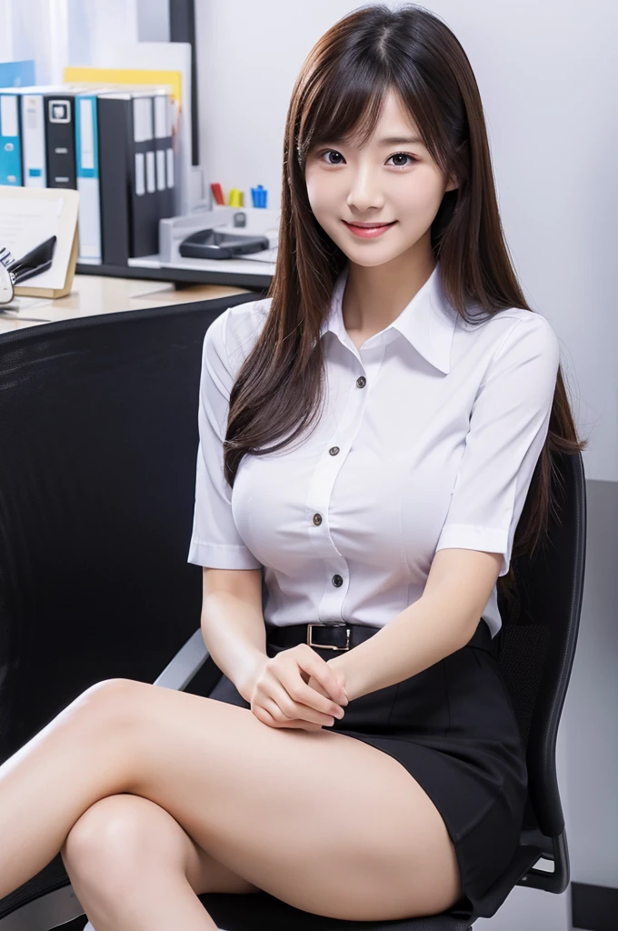 (natural background), masterpiece, highest quality, figure, Super detailed, finely, High resolution, 8k wallpaper, 完璧なダイナミックな構figure, detailed and beautiful eyes, big breasts, natural color lip,Sitting on a chair with her legs crossed, she takes a sexy pose, smile, ((office)), 20 year old girl, full body shot, long hair, ((working office uniform)), (dark), look ahead