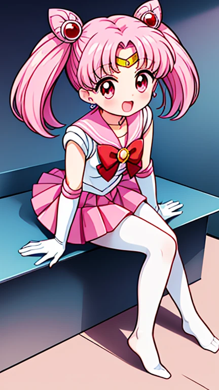 sailor moon,childhood,Young,Seven years old,Cute little loli,Pink hair twintails,red eyes,short hair,Sailor suit,bow tie,White elbow gloves,red skirt,sitting,no shoes,Open your mouth,laughing out loud,white pantyhose