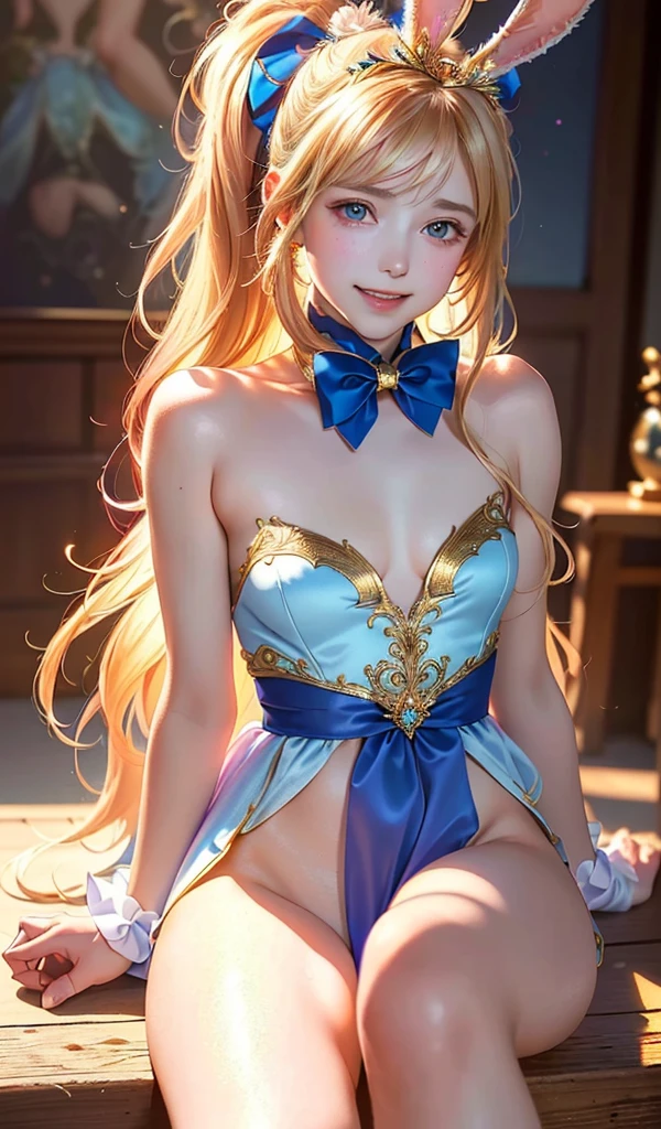 masterpiece, best quality, extremely detailed CG unity 8k wallpaper, (Upper Body head close-up shot of a beautiful little girl), , Elegant Long straight blonde hair, (Mckenna Grace), (flat chest,thighs), (red-blue) golden (Glittering tutu,long Bunny Ear Headgear, , Bow-tie, No panties, genitals visible), (spread legs), (Blush), oil skin, (seductive smile), (Wonderland), pretty face, key art, award winning, intricate detail realism hdr, by (ruan jia and artgerm and range murata), Photorealism, Hyperrealism, ultra realistic, dramatic light, intense shadows, gorgeous view, depth of field
