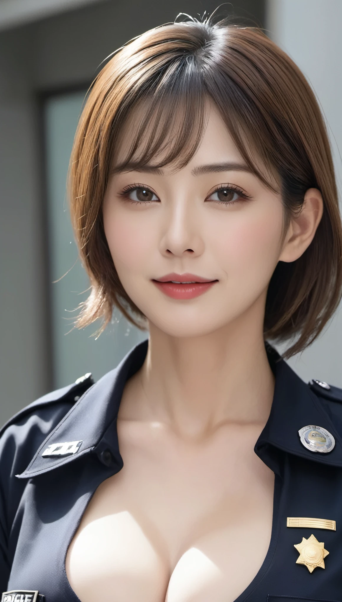 (hyper real)、super futuristic female police officer、(((Beautiful woman)))　High level image quality　High resolution　realistic　(((police uniform)))、short hair、(((big big tits)))、blonde busty woman、mature busty woman、middle aged big woman、(((すごくbig big tits)))、(((Big big cleavage))),,,,,,、Fine skin texture、超High resolution、realistic、Beautiful smile、beauty of middle age、beautiful expression、detailed skin texture、fine brown eyes、fluffy long hair、非常に繊細でFine skin texture、３５old woman police officer、(((big big tits)))、(((I&#39;Iは巨大な未来的なコンピューター室にいる)))、big breasted female police officer、red lips、(one person)、