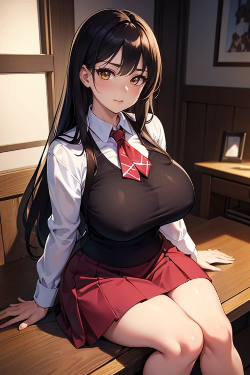 (Ultra Masterpiece), Best quality, OverDetailed, Ultra-Detailed, Digital Art, Detailed Face, (18K++, HD+), (Hyper-Detailed Eyes:1.3), (Absurdres:1.3), (Skindentation: 1.2), (Realism: 1.25), (Best shadow: 1.25), (Anime:1.3); [Warm eyes, /(Kiredere face)/, /(Kiredere looks)/, (Perfect face)+, (seductive beauty)+, Plump Gyaru, Huge breasts, Very curvy, (dark hair), Long hair, Bracelets, Beautiful hairstyle, (amber eyes), Full lips, (face filled with happiness, serious expression, blushing), very cute], ((beautiful character design))+, At home; (Clothes details), Professional photo. [(Toned legs, Thick thighs), Big breasts, Ray tracing, (Perfect face)+, Octane render, Hentai realism, good looking shirt, ((white) collared shirt: 1.3), (open clothes), good-looking skirt, ((red) Skirt: 1.2), mini-skirt], At home, Huge breasts, Wide hips, (Shiny skin), (Very healthy body), 1 Female, (bold and assertive pose), (Very sexy+, Gorgeous woman+, young mature woman+), Facing the viewer, (Kiredere: 1.4)+