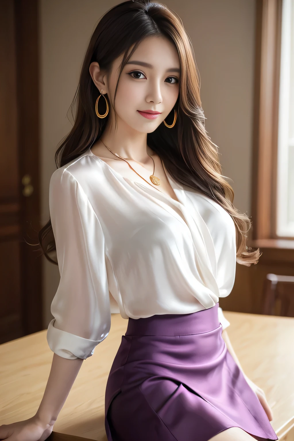 table top, highest quality, realistic, Super detailed, finely, High resolution, 8k wallpaper, 1 beautiful woman,, sharp focus, perfect dynamic composition, beautiful and detailed eyes, thin hair, Detailed realistic skin texture, smile, close-up portrait, model body shape、president&#39;secretary、mini skirt、high heels、whole body、suit,((brown semi-long hair:1.2))((Hair with loose inward waves:1.2)),((gold necklace＿big earrings:1.2)),((shy smile:1.3)),((blouse and skirt, Wearing a white silk blouse,Please wear a white shirt and a dark purple skirt.:1.3)), 、whole bodyショット、((Standing whole body figure supermodel, whole bodyがフレーム内に収まる))、in a luxurious room、