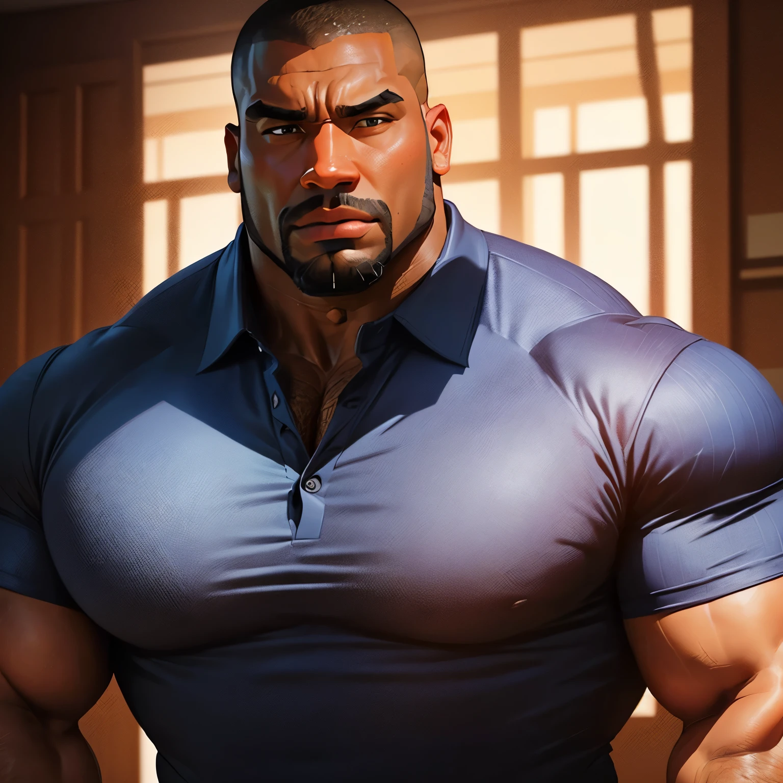 an exaggeratedly muscular and large bodyguard, beefy build, beard, dark-skinned african american male, buzzcut hair with square line, surprised expression, (wearing tight collared shirt: 1.2), unbuttoned, (bara pecs: 1.3), (arm and chest hair: 1.1), close-up portrait HD, (golf course)