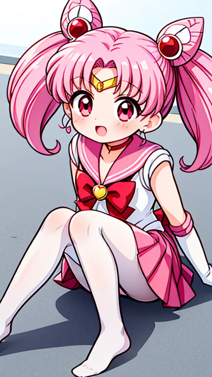 sailor moon，childhood，Young，Seven years old，Cute little loli，Pink hair twintails，red eyes，short hair，Sailor suit，bow tie，White elbow gloves，red skirt，sitting，no shoes，Open your mouth，laughing out loud，white pantyhose