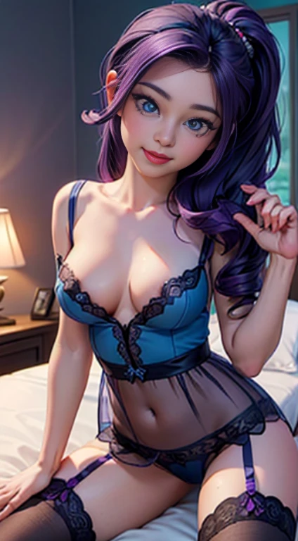 ((best quality)), ((highly detailed)), masterpiece, (detailed eyes, deep eyes), (1girl), dynamic angle, cowboy shot, mlprarity, woman, smile, looking at viewer, ((purple hair)), high pony tail, ((blue eyes)), naked, indoors, lying on a bed, ((sheer nightgown)), lace thing, stockings, garters, nipples, sexy gaze