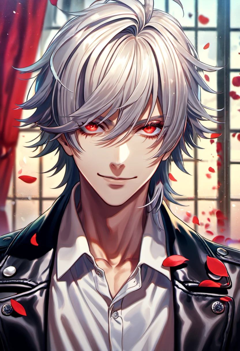 absurdres, highres, ultra detailed, HDR, master piece, best quality, Samatoki Aohitsugi, white messy hair, expressive red eyes, long eyelashes, Hypnosis Mic, smirk, black leather jacket, white shirt, 1man, handsome, petals, window, curtains