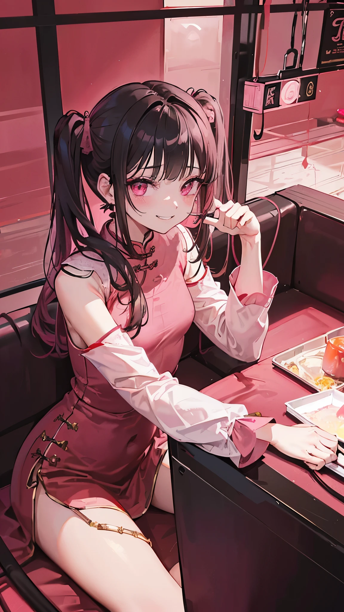 (masterpiece、highest quality、Super detailed)、((1 girl))、black hair、twintails、blunt bangs、red eyes、evil smile、grin))、steam、earrings、small breasts、((red chinese clothes)) 、No sleeve、cowboy shot、sit、((pinsalo))、scenery、fence、couch、indoors、indoor、((pink lighting:1.4))、
