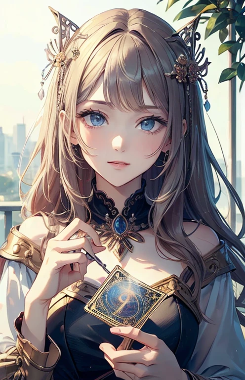 ((highest quality)), ((masterpiece)), (be familiar with), perfect face , beautiful girl , tarot cards ,