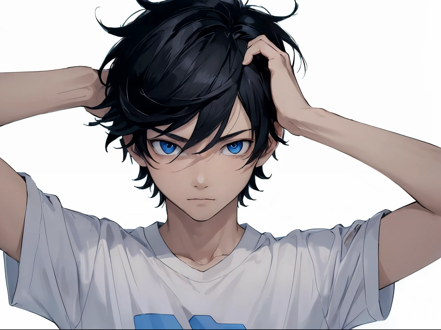[(white background:1.5),::5], ((((masterpiece)))), high quality, ultra high resolution, full color, (((alone))), ((boy)), black hair, ((black hair)), blue eyes, japanese cartoon movies, upper body, neon lights, shirt, upper body, 