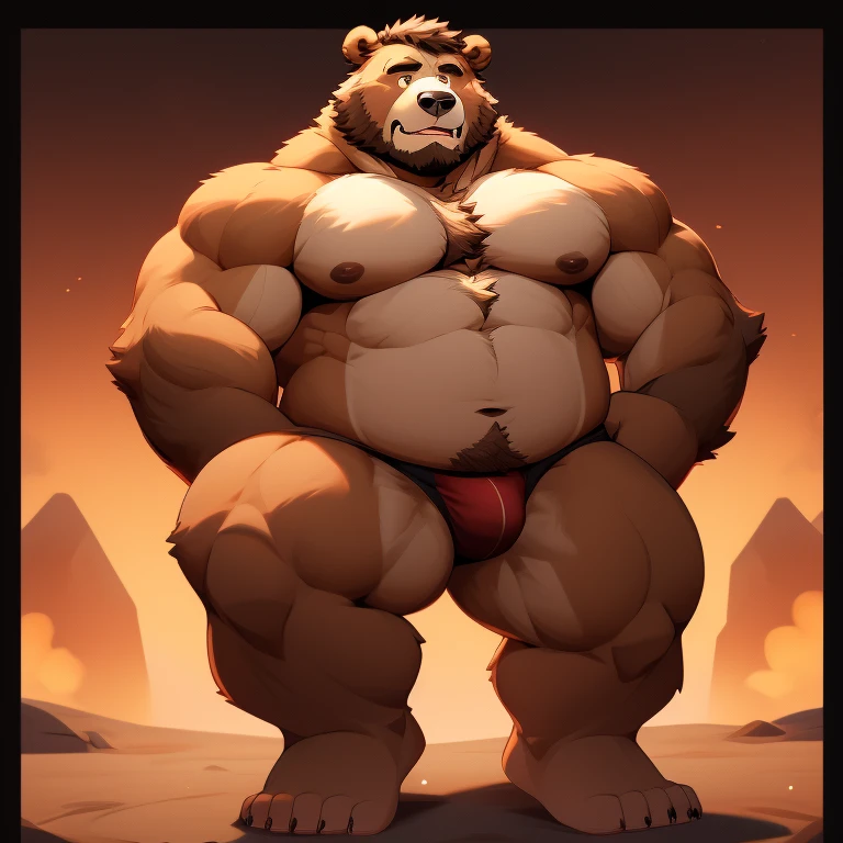 caricature of a pot-bellied man, Bear man, hairy chest, high resolution commission, hairy character, full-length portrait of a short!, full-body commission for, muscular bear man, hairy brown body, anthropomorphic bear, high moral, sexy , werebear, (SFW) safe for work, stocky, stocky body, beefy, jockstrap