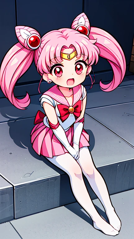 sailor moon,childhood,Young,Seven years old,Cute little ,Pink hair twintails,red eyes,short hair,Sailor suit,bow tie,White elbow gloves,red skirt,sitting,no shoes,Open your mouth,laughing out loud,white pantyhose