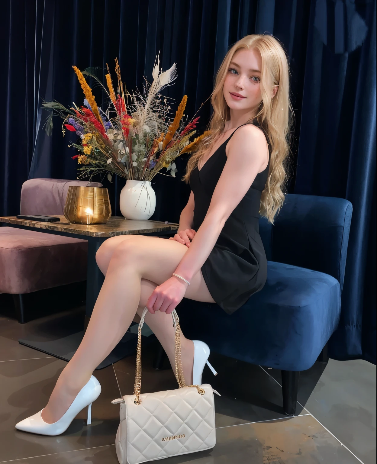 bride, White wedding dress, deep neckline, white fitted dress with a short hem and slits on the sides, white high heels, white stockings with a pattern of white flowers on an elastic band, ((best quality, 8 thousand, masterpiece:1.4)), (20 year old woman), ((very small face:1.3)), (sagging breasts:1.4), Highly detailed face and skin textures, detailed eyes, (Italian woman), (blonde wavy very long hair:1.3), ((beautiful body:1.3)), (slim waist), high heel, blonde hair, bright smile, (Extremely sagging breasts:1.4), her thin legs are pretty, knee, Excitingly,