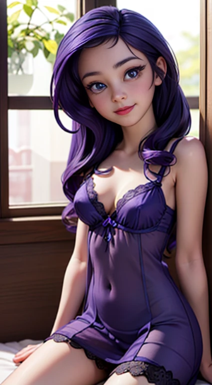 ((best quality)), ((highly detailed)), masterpiece, (detailed eyes, deep eyes), (1girl), dynamic angle, cowboy shot, mlprarity, woman, smile, looking at viewer, ((purple hair)), high pony tail, ((blue eyes)), naked, indoors, lying on a bed, ((transparent sheer nightgown)), lace thing, stockings, garters, nipples, sexy gaze, shelf bra