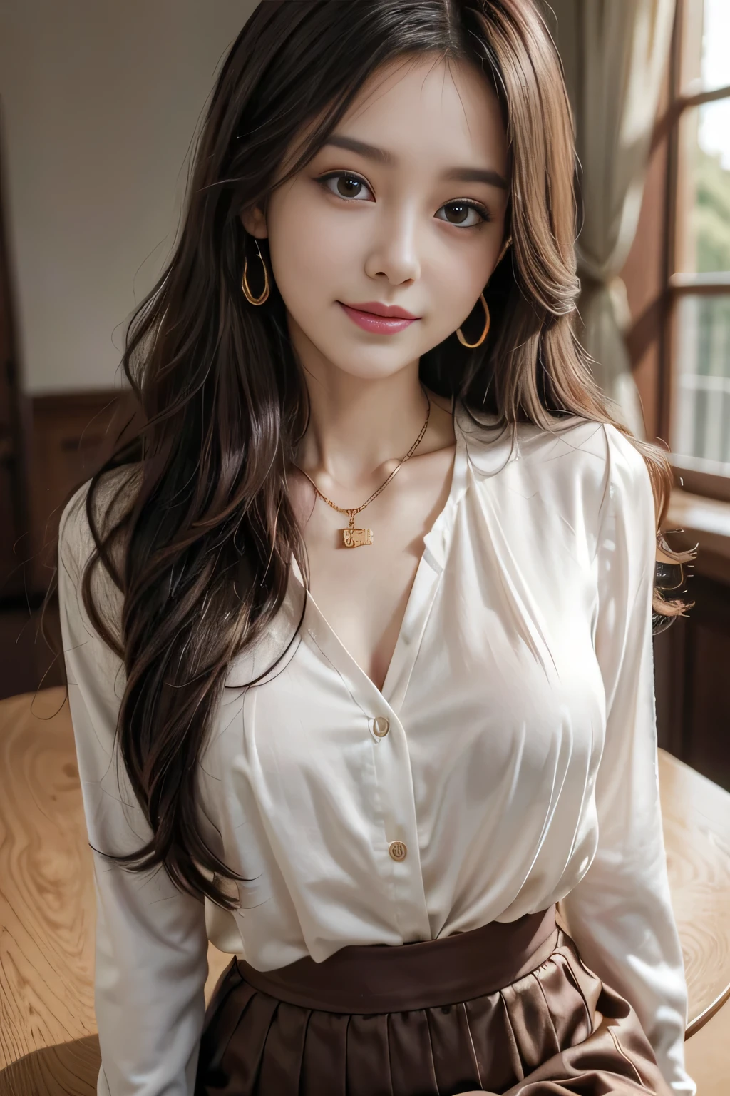 table top, highest quality, realistic, Super detailed, finely, High resolution, 8k wallpaper, 1 beautiful woman,, sharp focus, perfect dynamic composition, beautiful and detailed eyes, thin hair, Detailed realistic skin texture, smile, close-up portrait, model body shape、president'secretary、mini skirt、high heels、whole body、suit,((brown semi-long hair:1.2))((Hair with loose inward waves:1.2)),((gold necklace_big earrings:1.2)),((shy smile:1.3)),((blouse and skirt, Wearing a white silk blouse,Please wear a white shirt and a dark purple skirt.:1.3)), 、whole bodyショット、((Standing whole body figure supermodel, whole bodyがフレーム内に収まる))、in a luxurious room、