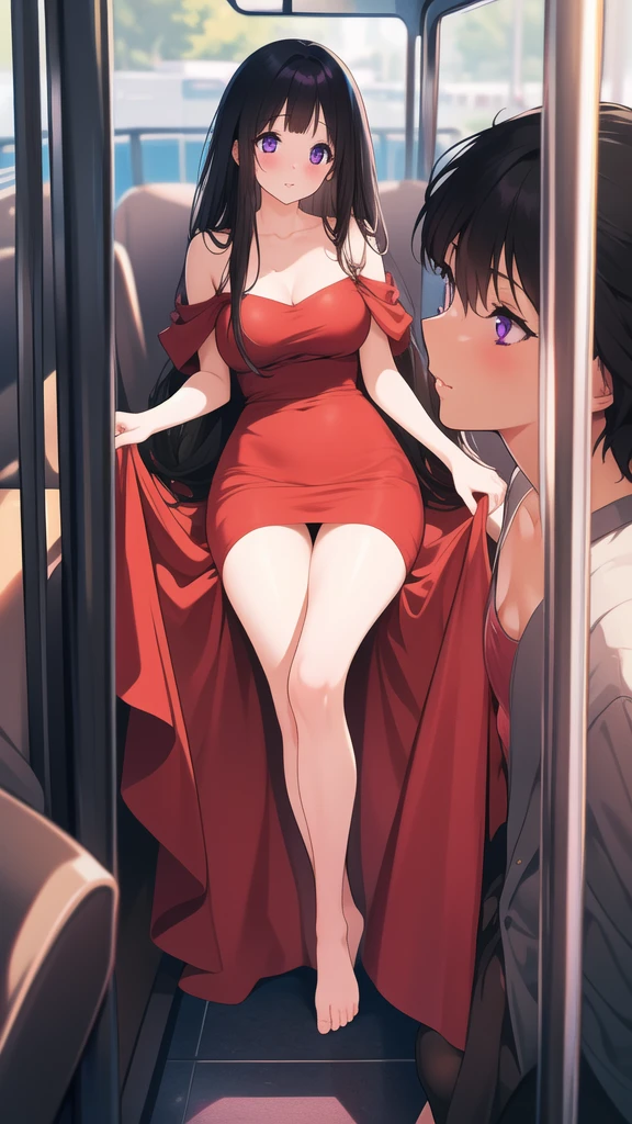 Stunning Chitanda, There is only one beautiful girl，purple eyes, black hair, Naturally straight hair, straight bangs，extremely refined，lips open，flowing long hair，Peerless beautiful girl, dreamlike，Slim，soft, (Sensual), (kawaii), Dream quality，red dress，On the tram，bare shoulders，Clavicle exposed，bare neck，Bare thighs，Exposing the groin，camel toe，bare legs，barefoot，extremely shy，ultra high resolution, (masterpiece:1.2, best quality), (Exquisite and beautiful eyes: 1.2), (Beautiful and delicate face)