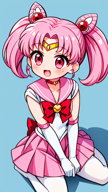 sailor moon,childhood,Young,Seven years old,Cute little loli,Pink hair twintails,red eyes,short hair,Sailor suit,bow tie,White elbow gloves,red skirt,sitting,no shoes,Open your mouth,laughing out loud,white pantyhose