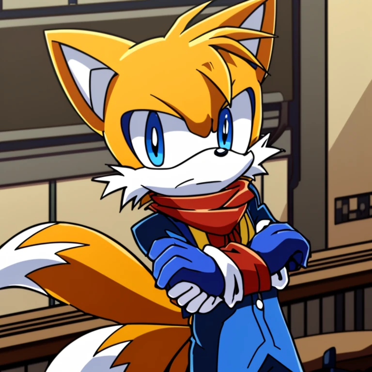 Male, Mobian, Fox, Miles Tails Prower the Fox, \(sonic, series\), older fox boy, ((solo)), ((blue eyes, (eyes open), serious, older, wearing a red anime styled scarf, white gloves, (((2D Anime Style))), in tailor shop, arms crossed