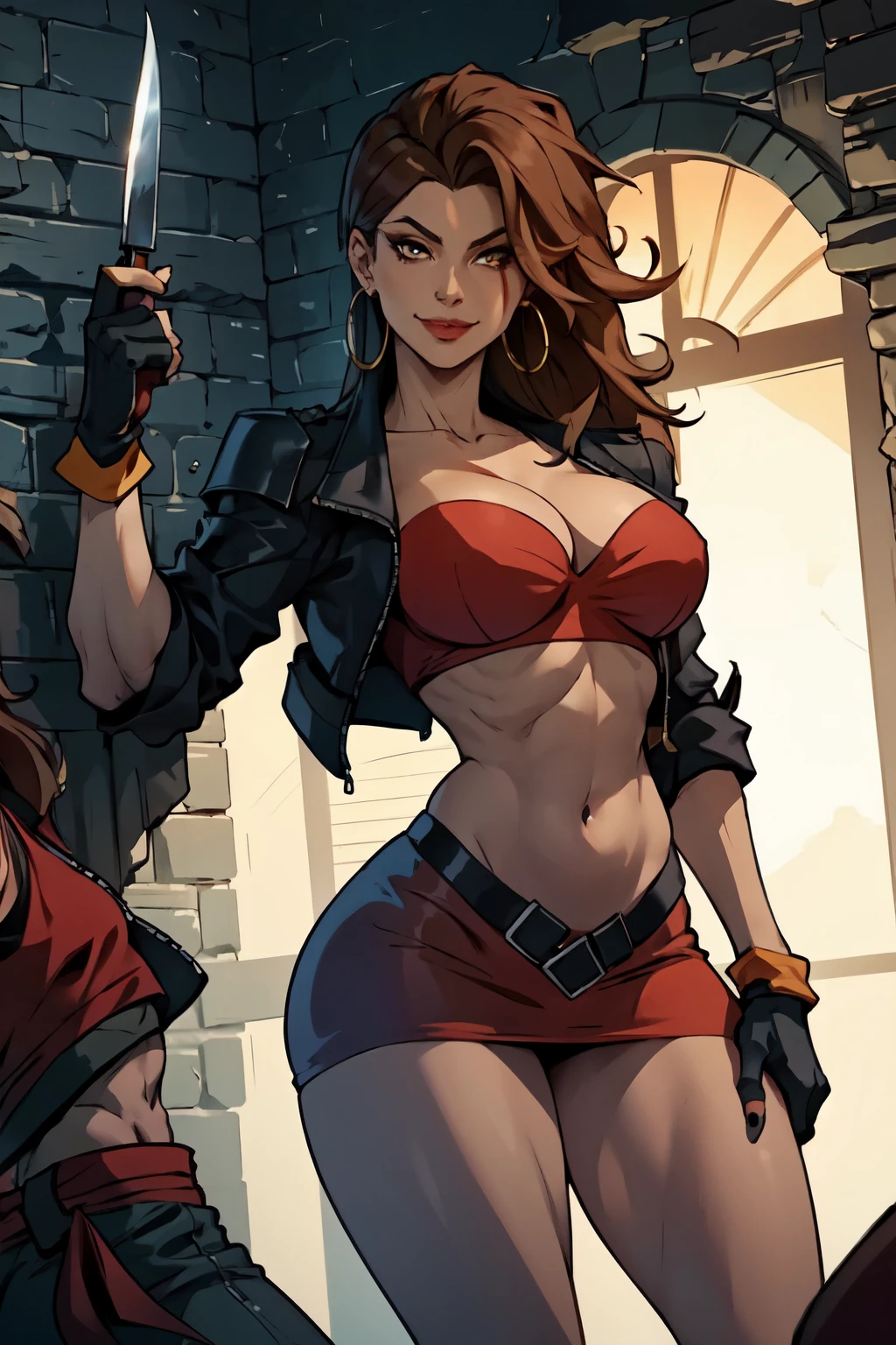 masterpiece,best quality, extremely detailed,8k. Blaze Fielding, solo, looking serious, big breasts, strong, hoops earrings, looking at viewer, smile, long lustrous hair, brown hair, light make up, gloves, navel, cleavage, brown eyes, large breasts, wearing tight red top, underboob, broken jacket armor, tight short red skirt black fingerless gloves,holding short knife,  at a fantasy dungeon alone.