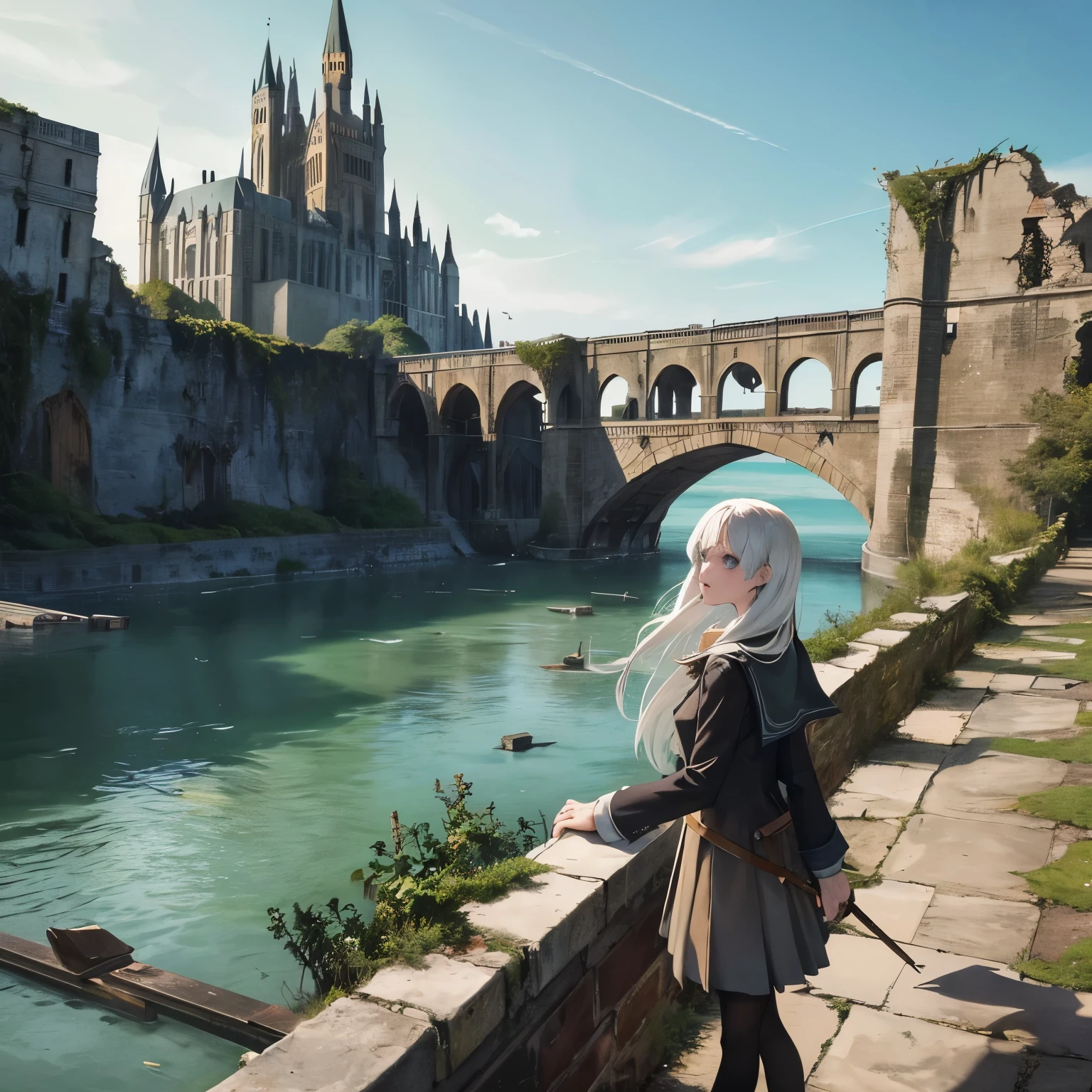Draw a scene where Hogwarts School is in ruins in the background, with debris strewn about and a broken square-shaped bridge, Uma ponte quebrada, floating gently in front of the damaged school. In the center of the bridge, Hermione Granger looks worried and fearful as she faces off against Lucius Malfoy, who challenges her with a defiant posture. The crowd watches from afar among the ruins of the school, bearing witness to this tense moment. The hollow center of the bridge adds a touch of mystery to the scene, heightening the suspense and intrigue.
The once magnificent Hogwarts Castle now lies in ruins, its towering spires