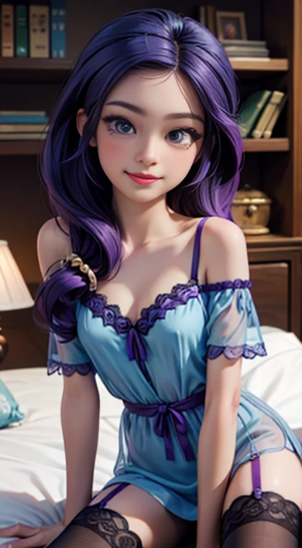 ((best quality)), ((highly detailed)), masterpiece, (detailed eyes, deep eyes), (1girl), dynamic angle, cowboy shot, mlprarity, woman, smile, looking at viewer, ((deep purple hair)), ((blue eyes)), (((see through robe))), (((sheer robe))), (indoor,bedroom), flashing breasts, ((exposed breasts, nipples)), graceful pose, realistic proportions, woman, cupping breasts, puckered lips, american face, woman, glamorous, pearl earrings, sitting at vanity, lace lingerie, sexy pose, leaning back, slim face, realistic proportions, off shoulder, holding a long stem rose, loosely hanging robe, standing in front of a balcony, back to viewer, robe falling off, visible butt